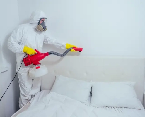 Nettoyage désinfection chambre avec équipement de protection.