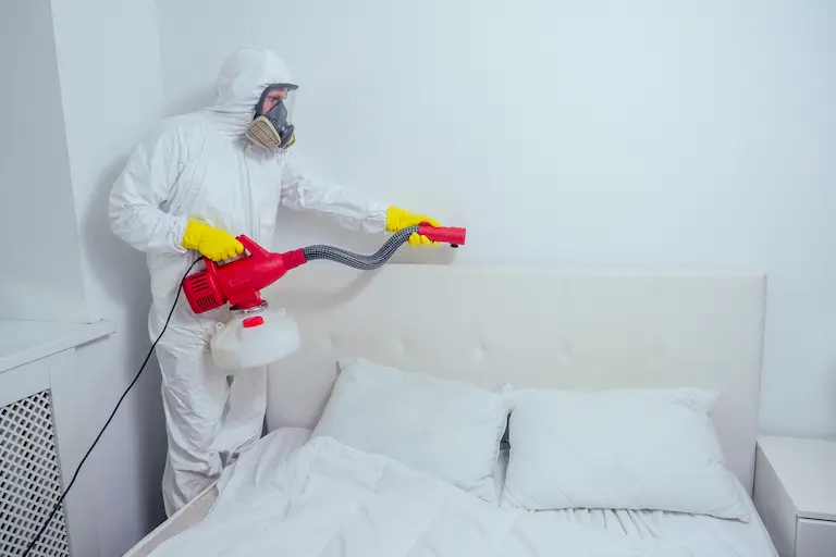 désinsectisation punaise de lit (3) Nettoyage désinfection chambre avec équipement de protection.