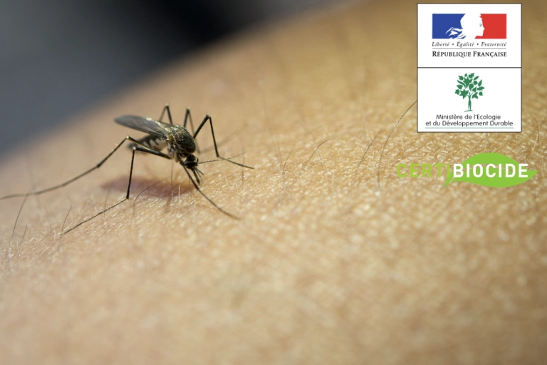 Moustique sur peau, logos écologiques visibles.